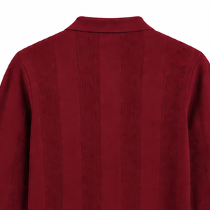Burgundy <b>Mens</b> <b>Long</b> <b>Sleeve</b> Knitted <b>Polo</b> <b>Shirt</b> Textured Stripe Pattern Ribbed Collar Cuffs Smart Casual Pullover Fashion Top - Product Image 4
