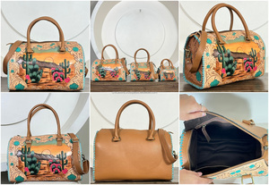 Fashionable Genuine Cowhide Leather Large Speedy Duffel Bag Cactus Sunset Design Overnight Weekender Travel Bag for Unisex - Product Image 3