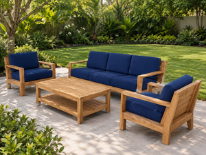 Conjunto de Muebles de Jardín Modernos de Madera de Teca con Cojines Azul Marino Intenso - Product Image 1