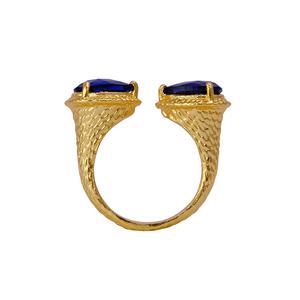 Iolite Quartz Double Pear Faceted Stone Textured Open <b>Adjustable</b> <b>Ring</b> Gold Plated Handmade Two Stone Bypass <b>Rings</b> - Product Image 5