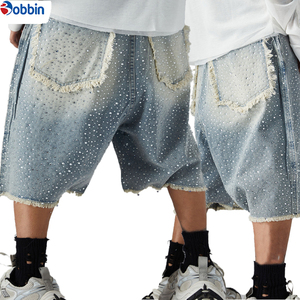 Pantalones Cortos de Mezclilla Tejida Estilo Hip Hop Casual de Verano con Lavado Vintage, Estampado Completo y Pedrería, Fabricación Personalizada, Pierna Recta para Hombre - Product Image 4