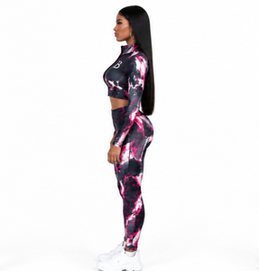 New Print Custom Women 2 Piece Seamless Yoga Set <b>Long</b> Sleeve Zip Crop <b>Top</b> High Waist <b>Leggings</b> Gym Activewear - Product Image 3
