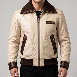 Blouson Bomber Homme Effet Cuir Marron Col et Poignets Côtelés Fermeture Éclair Poches Avant Personnalisable OEM - Product Image 1