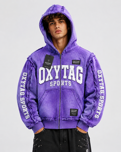 Sudadera con capucha morada de cierre de cremallera para hombre, de peso pesado, con lavado ácido, efecto desgastado, borde sin rematar, estilo streetwear, con apliques y estampado en relieve, de fabricante personalizado - Product Image 3