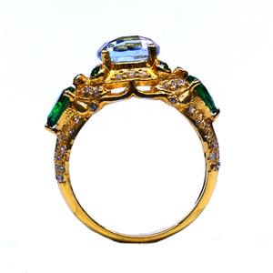 Vintage Gold Plated Cocktail <b>Ring</b> With Blue Crystal And <b>Green</b> Gemstones Pave Setting Women's Party Jewelry - Product Image 5