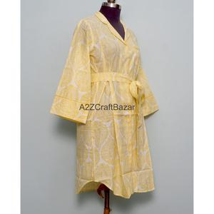 100% Cotton Handmade Block Print Floral Bell Sleeves Turn-down Collar Midi Dress Eco-Friendly Breathable Summer Wear - Product Image 5