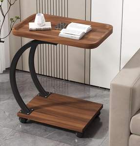 Modern Nordic-Style Design with Wood and Metal C-Shaped Movable 2-Tier <b>Sofa</b> <b>Side</b> <b>Table</b> with Wheels - Product Image 2