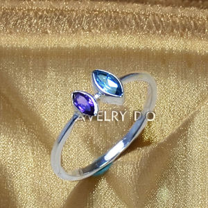 Anillo de Amatista Corte Marquesa y Topacio Azul, Colección Vintage Antigua con Sello 925, Anillos de Boda con Dos Gemas - Product Image 2