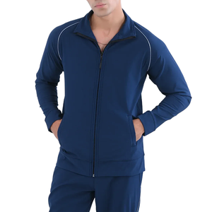 Survêtement bleu marine pour homme, sweat-shirt à fermeture éclair intégrale avec poches latérales, tenue de sport décontractée, respirante, en polyester - Product Image 5