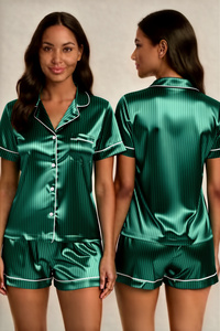 Ensemble de pyjama en satin rayé vert pour femmes, manches courtes, col rabattu, fermeture à boutons, vêtements de nuit d'été - Product Image 1