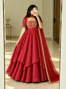 Crimson <b>Red</b> Crushed <b>Silk</b> Flared Anarkali Gown Heavy Gold Embroidered Crown Bust Set - Product Image 4