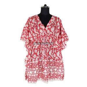 Robe Kaftan pour femmes en coton 100% - Imprimé à la main - KFCS074 - Légère - Vêtement décontracté pour occasions spéciales - Robe Kaftan courte - Product Image 4