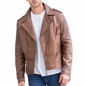 Wholesale Custom <b>Men's</b> <b>Brown</b> Genuine <b>Leather</b> Moto Biker <b>Jacket</b> Slim Fit Zipper Front Turn-down Collar Autumn Casual Outerwear - Product Image 6