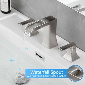 Grifo de lavabo de baño de 8 pulgadas de ancho, níquel cepillado, con desagüe de 3 orificios y doble manija, grifo de baño de 8 pulgadas de ancho - Product Image 4
