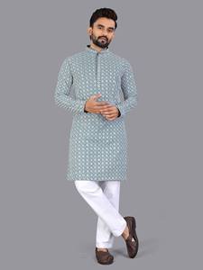 HENIXA CREATION Traje Tradicional Afgano de Piel Sintética con Diseño Chikankari Schifli, Corte Ajustado, Secado Rápido, para Hombre, Invierno y Verano - Product Image 1
