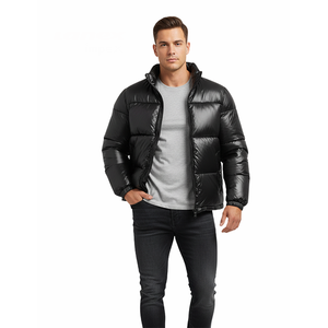 Men Black Shiny Hooded Streetwear Solid Puffer Jacket Winter Thick <b>Warm</b> Lightweight Zip <b>Waterproof</b> Breathable OEM Custom Logo - Product Image 4