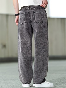Jeans vintage gris délavé à l'acide pour homme, coupe large |   Décontracté et ample |   Pantalon décontracté à jambe droite, uni, écologique, en spandex/coton, séchage rapide - Product Image 6