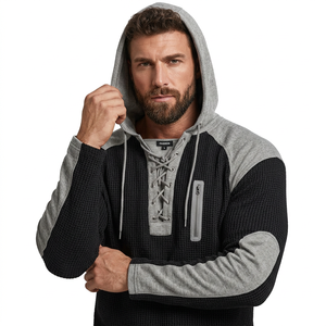 Suéter de punto con capucha para hombre, manga raglán, color sólido, informal, para invierno, con cordones delanteros y bolsillo con cremallera, 100% algodón - Product Image 5