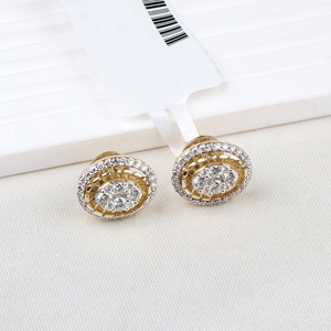 Pendientes de Oro Amarillo Sólido de 14k con Diamantes Naturales en Forma Ovalada y Halo, Joyas Memoria, Venta al Por Mayor - Product Image 1