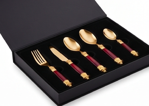 Cubiertos de acero inoxidable con acabado chapado en oro y mango de Color rojo, cubiertos aptos para lavavajillas para uso doméstico en bodas, Juego de 4 Uds. - Product Image 6