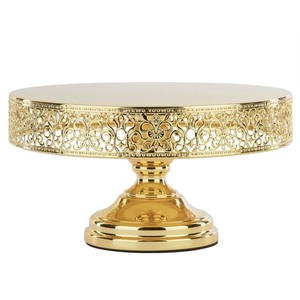 Round Gold <b>Cake</b> <b>Stand</b> with Ornate Filigree Design Metal Base Handmade for Elegant Display - Product Image 1