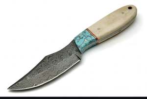 Couteau à lame large, manche pleine en pierre turquoise et os, pour le traitement sur le terrain, en acier Damas fixe de précision. - Product Image 6