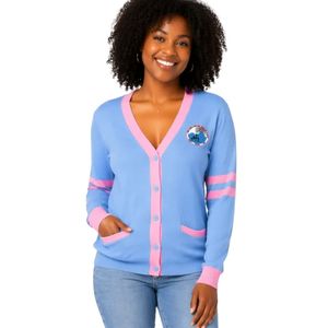 Women Blue Pink V Neck <b>Cardigan</b> Long Sleeve Button Down Knit Sweater Contrast Trim Striped Sleeves <b>with</b> <b>Pockets</b> Casual Fashion - Product Image 1