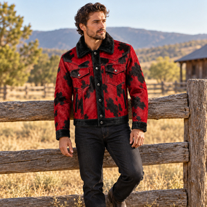 Veste Western Homme Personnalisée en Cuir de Vachette à Poils Rouge Cramoisi et Noir, Col Pointu, Manteau de Cowboy pour Ranch, Fabricant OEM en Gros, Export Hiver - Product Image 5