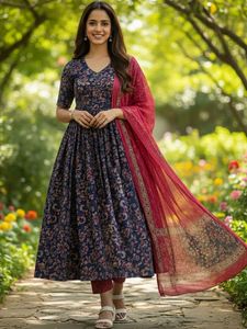 <b>Women</b> Traditional Ethnic Printed Anarkali <b>Kurta</b> Set With Dupatta Rayon Loose Fit Knee Length Spring India Pakistan Style - Product Image 4