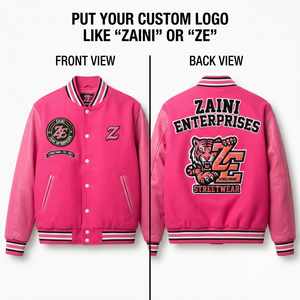 ZAINI <b>Men</b> Autumn Varsity <b>Jacket</b> 450 GSM Wool Blend Body PU Leather Sleeves Pink <b>White</b> Contrast Panels Custom Chenille Embroidery - Product Image 1