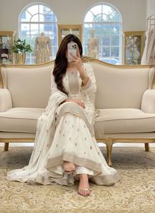 <b>Women's</b> Cream Silk Embroidered <b>Kurta</b> Set With Gold Detailing Loose Fit Traditional Indian Pakistani Wedding Wear Floor-Length - Product Image 5