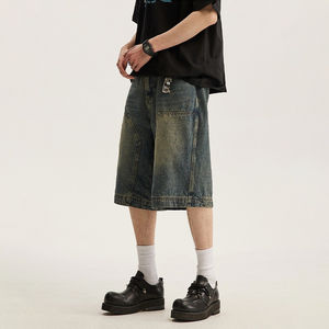 Shorts cargo en jean pour hommes, coupe ample, style hip-hop, effet vieilli, délavé, à empiècements, style jorts, streetwear, oversize, boardshorts - Product Image 2