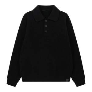 Pull Polo Homme en Maille Gaufrée à Manches Longues Noir Décontracté Col Boutonné Haut Doux Texturé Mélange Coton Personnalisable OEM - Product Image 1