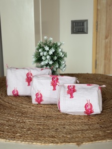 Block Printed Floral Zipper Women Makeup Bag Soft Handle Eco-Friendly Lightweight Vintage Style Multifunction Customizable - Product Image 2