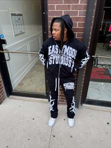 Men's Blue Hooded Tracksuit <b>Set</b> Full Zipper Streetwear Sweatshirt And Sweatpants With White Letter Print Plus Size Loose Fit - Product Image 3