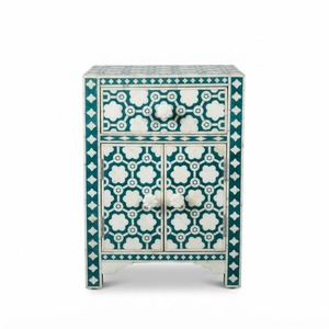 Mesita de Noche de Madera con Incrustaciones de Hueso Azul Claro, 2 Cajones y Estante Abierto, Diseño Chevron de Lujo, Venta al por Mayor Personalizada para el Hogar - Product Image 2