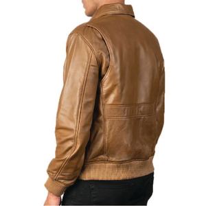 Chaqueta de aviador de cuero camel para hombre, abrigo de piel de oveja auténtica con cierre de cremallera y solapa con botones, camisa elegante - Product Image 5