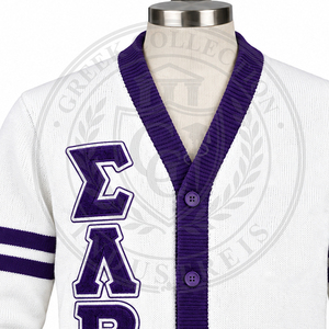 OEM FRATERNITY SIGMA LAMBDA BETA <b>WHITE</b> <b>CARDIGAN</b> ACRYLIC <b>KNITTED</b> WOMEN'S SWEATERS GREEK EMBROIDERY LOGO WINTER UNIVERSITY VARSITY - Product Image 4