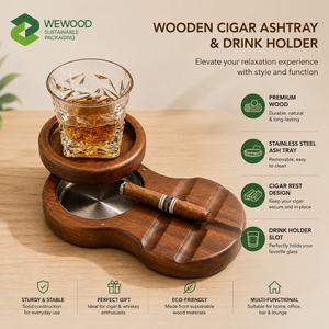 Noyer massif personnalisé 360 °   Cendrier rotatif pour cigares avec porte-verre à whisky et cendrier en métal - Product Image 1