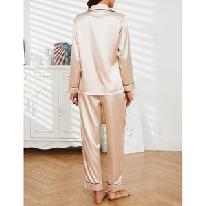 Ensemble de détente en satin respirant pour femme, haut à manches longues et pantalon, pyjama court à bretelles spaghetti, vêtements de nuit sexy personnalisés - Product Image 2