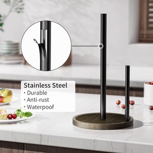 Luxury Wooden <b>Kitchen</b> Roll Holder with Black Metal Rod Modern Countertop <b>Paper</b> Towel Stand - Product Image 3