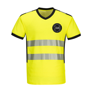 Chemise de sécurité unisexe jaune fluo à manches courtes et col en V, bandes réfléchissantes, logo personnalisé imprimé, vêtements de travail en polyester fluorescent - Product Image 1