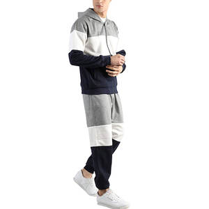 Survêtement de maternité uni de qualité supérieure pour hommes |   Ensemble en molleton gris, blanc et bleu marine à blocs de couleurs, pour entraînement sportif urbain et gym, avec cordon de serrage - Product Image 4