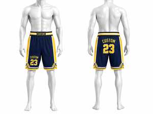 Custom Basketball <b>Shorts</b> <b>Men</b> Navy <b>Yellow</b> Sublimation Print 23 Number Elastic Waist Mid Length Casual Sport Wear - Product Image 1