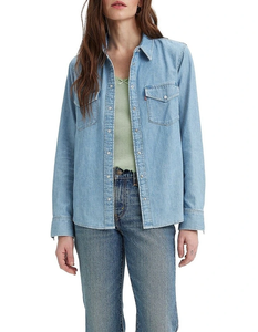 Camisa de mezclilla azul claro para mujer, manga larga, con botones, estilo casual, corte holgado, cuello vuelto, diseño con bolsillos, tops de estilo urbano - Product Image 1