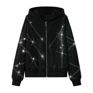 Winter Plus Size Rhinestone Drawstring Tracksuit Set with Decorative Sparkle Accents and <b>Glitter</b> Dot Print Hooded <b>Jacket</b> - Product Image 5