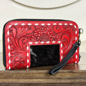 Wholesale Hand Full Tooled Cowhide Fur Leather For Women Western Style Clutch Travel Wristlet <b>Purse</b> Zipper Pattern <b>Wallet</b> - Product Image 3