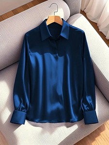 Chemise élégante en satin bleu marine à manches longues et col en V pour femme, haut à manches longues, mode K-pop, style bureau, coupe ajustée pour femme - Product Image 6