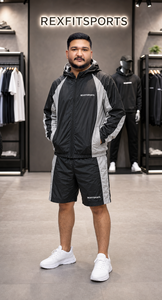 REXFIT SPORTS 2026 Custom Mens Black <b>Silver</b> Nylon Tracksuit 2 Piece Hooded Zip <b>Jacket</b> Shorts Set Private Label Sportswear - Product Image 3
