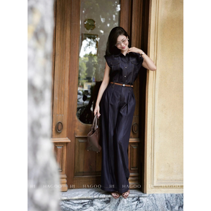 Q8203 HAGOO Luxury Wide Leg <b>Loose</b> Fit Breathable <b>Trousers</b> with 2 Pleats <b>Women</b> Pants Wholesale - Product Image 3